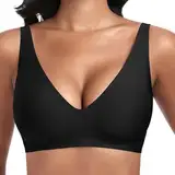 Jiuday Tiefer V Push Up BH ohne Bügel for Damen Bequemer BH für Große Brüste Starker Halt Seamless Soft Bügelloser Gepolstert Nahtloser Glatter BH (Schwarz,XL)