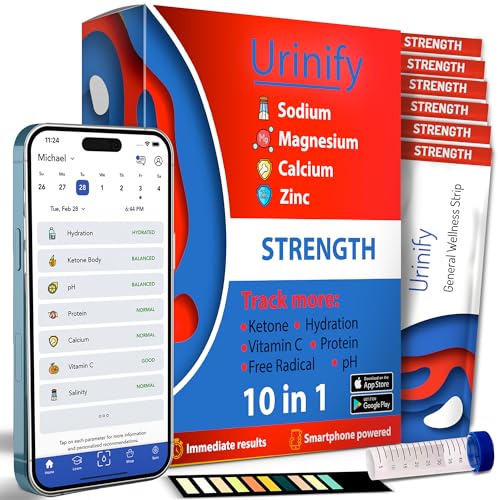 [URINIFY STRENGTH] Urinteststreifen und mobile App für Ketostreifen Urintest, Hydrationstest, Stoffwechseltest, Elektrolyte, pH, Vitamin C, Urinanalyseteststreifen, 6 Streifen