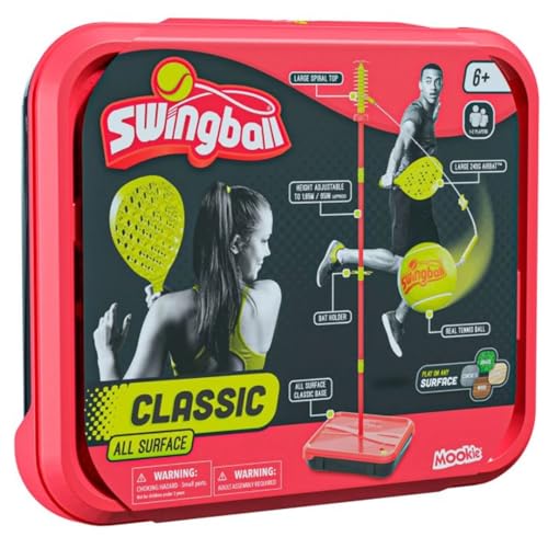 Swingball Klassische Alle Oberflächen, rot und gelb, Outdoor-Aktivitäten, Oberflächen, echter Tennisball und 2 Meisterschaftsschläger, geeignet für alle ab 6 Jahren