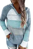 GOLDPKF Strickmantel Mit Kapuze Sportbekleidung Damen Pullover Damen Farbblock Kapuzenpullover Gestreift Hoodie Entspannt Sweatshirt mit Kapuze Lässiger Hohlpullover Blau M 40-42