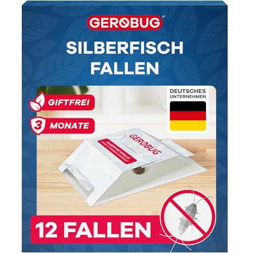 Gerobug Silberfischfalle 12 Stück - Leimfalle mit giftfreiem Lockmittel zur Befallskontrolle in Allen Wohnräumen - Extra Starke Silberfischfalle Klebefalle + Bonus-Guide zum Silberfische bekämpfen