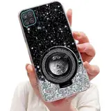 Tivenfezk Nadoli Sparkle Treibsand Ständer Hülle für Samsung Galaxy A12 4G/5G,Versteckt Ständer Ring Klar Glitzer Stern Handyhülle Durchsichtig Bling Schutzhülle Case Cover,Schwarz