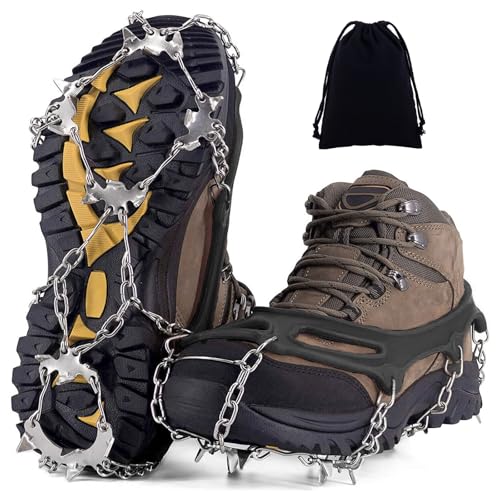 Getyjoe Steigeisen Grödel für Bergschuhe, Spikes für Wanderschuhe 19 Zähne Edelstahl Anti Rutsch Schuhspikes Schuhkrallen Eisspikes mit Aufbewahrungstasche für Wandern Trekking Klettern Angeln Outdoor