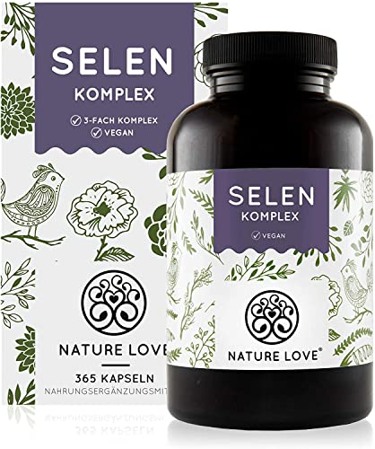 NATURE LOVE® Selen Komplex Vegan - Hochdosiert: 200µg Selen je Kapsel - 365 Kapseln - Natriumselenit, L-Selenmethionin, Selenhefe - Hochdosiert, laborgeprüft, in Deutschland produziert