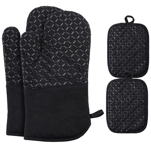 Ankway Ofenhandschuhe Topflappen Topfhandschuhe 4er Set – Hitzebeständige und rutschfeste Backhandschuhe, weiche Baumwolle, Lange Flexible Dicke silikon Kochhandschuhe zum Kochen (30CM Topflappen)