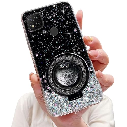 Tivenfezk Nadoli Sparkle Treibsand Ständer Hülle für Xiaomi Redmi 10A,Versteckt Ständer Ring Klar Glitzer Stern Handyhülle Durchsichtig Bling Schutzhülle Case Cover,Schwarz