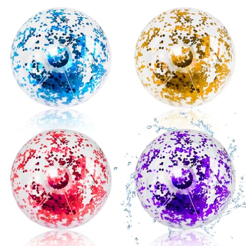 4PCS Aufblasbare Glitter Wasserbälle Set, 40CM (28CM Wenn Aufgeblasen) Wasserball Aufblasbar Glitzer, Wasserbälle Aufblasbar Kinder Erwachsene, Transparente Strandball Für Sommer Pool Partyzubehör