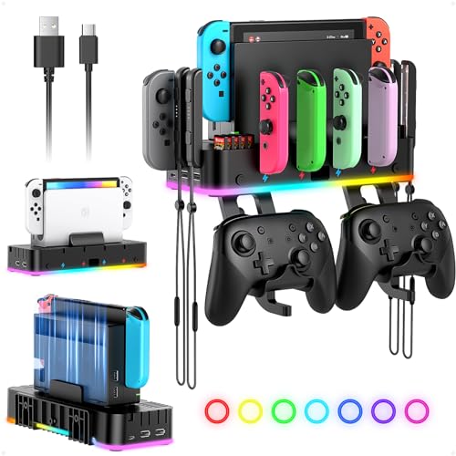 FASTSNAIL RGB Wandhalterung für Nintendo Switch/OLED & Joycon, LED Ladestation für Switch Controller und Konsole，mit 4 USB-Anschlüssen, Switch-Organizer für 10 Kartenfächer, 2 Haken