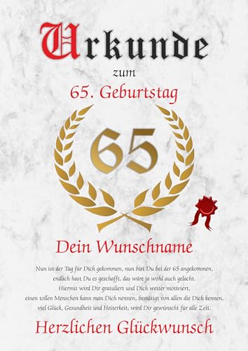 Personalisierte Urkunde zum 65. Geburtstag Jahrgang 1959 Geschenk Geburtstagsurkunde Mann Frau 65 Jahre Geburtstagsgeschenk Geburtstag Party Deko 65. Geburtstag personalisierbare Geschenkidee