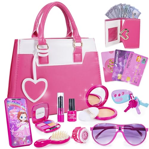 Spielzeug ab 3 Jahre Mädchen Geschenk Mädchen 3-12 Jahre, Pretend Play Kinderschminke Set für Mädchen Enthalten Handtasche, Wallet and vorgeben Spielen Phone Car keyfob Schlüssel Spielzeug und Mehr