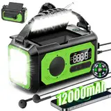 12000mAh Kurbelradio mit Handyladefunktion, Solar Radio mit 2 Sonnenkollektoren, AM/FM Tragbar Notfallradio mit Kopfhöreranschluss/Leseleuchte/LED Taschenlampe/Kompass/SOS Alarm für Camping Outdoor