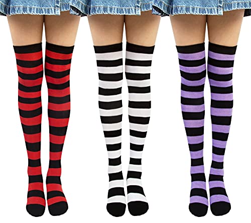 Chalier Cozy Gestreifte Kniestrümpfe Overknee Strümpfe Damen Lange Gestreifte Socken Thigh High Socks Beinwärmer Schenkel Socken für Mädchen Lila Rot Schwarz Einheitsgröße