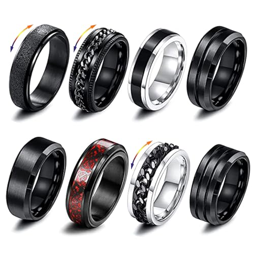 GoPaw Männer Edelstahl Spinner Ring, 8 Pcs Schwarz Fidget Band Ringe Cool Twisted Chain Angst Ringe Männer Ringe Schwarz Spinner Ring Set für Männer Frauen (54(18))