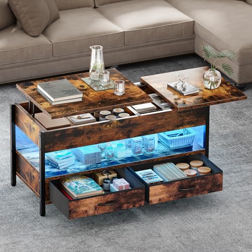 DWVO Couchtisch Höhenverstellbar mit 2 Schublade und Offener Lagerraum, LED Couchtisch mit Verstecktem Ablagefach, Wohnzimmertisch 106 x50x51,5cm