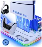 PS5 Standfuß mit 3 Stufig PS5 Lüfter und PS5 Controller Ladestation, Kühler Ständer für PS5/ PS5 Slim, RGB Licht PS5 Halterung mit USB Ports/Headset Halter/Aufbewahrung, für PS5 Zubehör, Weiß