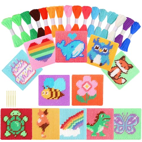 Pllieay 12in1 Kreuzstich Anfänger Set Kinder Stickerei Kit enthält 12 Stück Kunststoff Mesh Canvas, 16 Garne, 6 Webenadeln, Nadelspitzen Starter Kit Nähen Set mit Anleitung