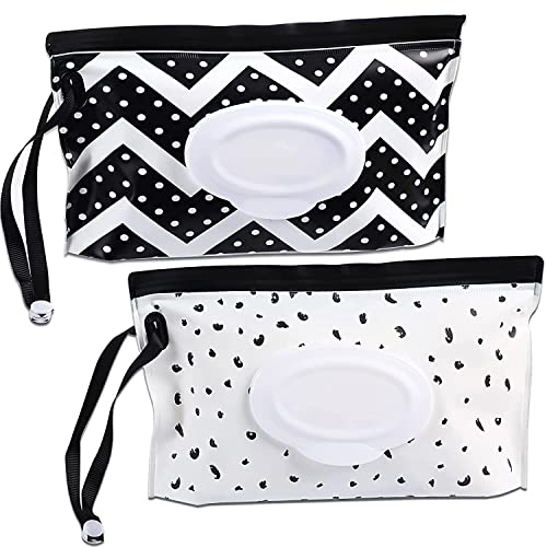 2 Feuchttücher Tasche für Babys,Feuchttücher Tasche für Unterwegs,Wiederverwendbar Wet Wipe Tasche,Baby Feuchttuchspender,feuchttücherbeutel für babys Tragbar(Schwarz und weiß)