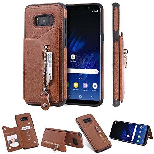 nancencen Kompatibel mit Samsung Galaxy S8 Plus Handyhülle, Leder Brieftasche Halterungs Funktion TPU Zurück Flip Cover Schutzhülle (Anti-Fall) Einfarbig - Braun