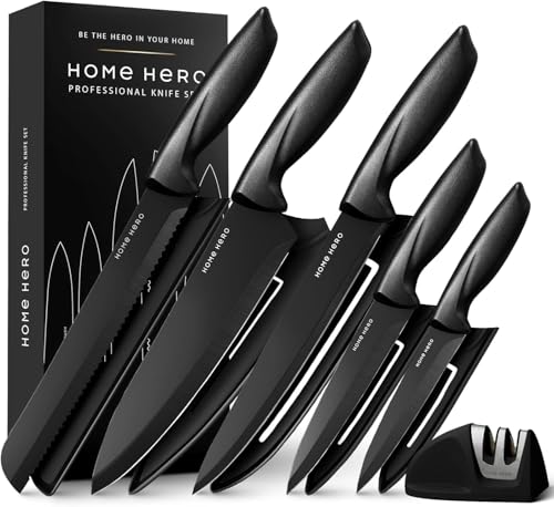 Home Hero Messerset mit Messerschärfer - Scharfe Küchenmesser Set - Messerblock Kochmesser Set Edelstahl Messer Set (11 Stück mit Scheide - Schwarz)