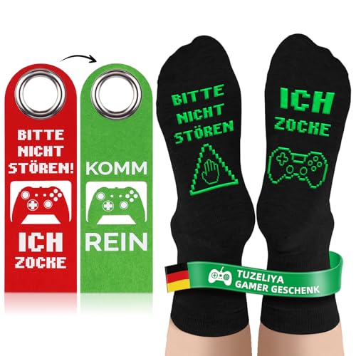 TUZELIYA Lustige Gaming Socken Gamer Geschenk, mit Spruch BITTE NICHT STÖREN ICH ZOCKE, und Doppelseitig Bitte Nicht Stören Schild, Zocken Socken, Gamer Geschenk für Männer Frau Weihnachts Geburtstag