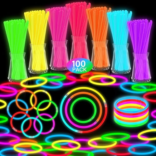 DELEE Knicklichter, Leuchtstäbe Knicklichter Party Set,100 Glow Neon dunkle Party Supplies für Kinder,Party schwarzlicht deko,Hochzeit,Halloween Dekorationen, Leuchtketten und Armbänder