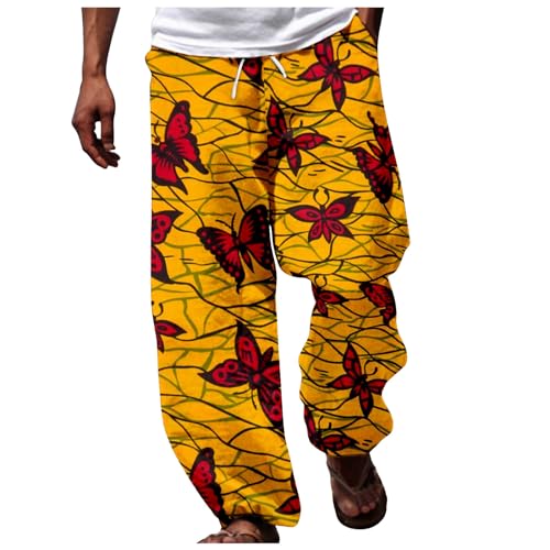 Taschen Kochhose Herren Bunt Radhose Lang Herren Frühjahr Laufhose Männer afrikanischen Dashiki traditionellen Stil Casual Hose Sommer Hawaii Urlaub Ankara Strand Blumenhose Herren Hose (Yellow, XXXL)