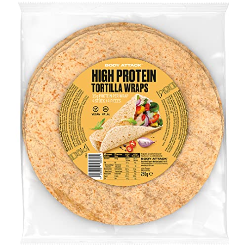 BODY ATTACK TORTILLA WRAPS 280 g / 4 Portionen, eiweißreicher Weizentortilla mit Proteinen aus drei Quellen, 15 g Protein pro Wrap, wenig Zucker, vegan & halal, ballaststoffreich