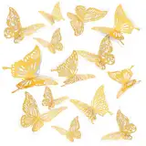 Prasacco 48 Stück Schmetterling Wandaufkleber, 3D Schmetterlinge Deko Gold Geburtstagskuchen Schmetterlings Aufkleber 3D Schmetterlingsaufkleber für Wände, Kuchen, Partys (3 Größen, 4 Mustern)