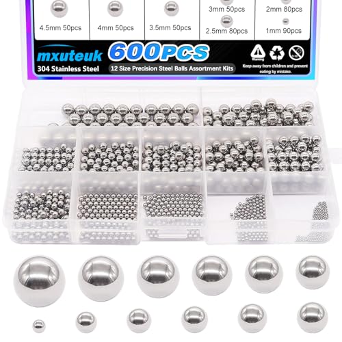 mxuteuk 600pcs 12 Größe Edelstahl Präzisionsstahlkugeln 1-8mm Metrische Fahrradlagerkugeln Klassifizierung Kit Mischkugeln 1mm 2mm 2.5mm 3mm 3.5mm 4mm 4.5mm 5.5mm 6mm 7mm 8mm K-085-600