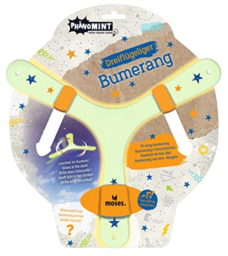 moses. 30320 PhänoMINT Bumerang, Wurfspiel für Kinder, Im Dunkeln leuchtender Boomerang, Dreiflügelig und mit spannenden Informationen, nachtleuchtend, 1 Stück (1er Pack)