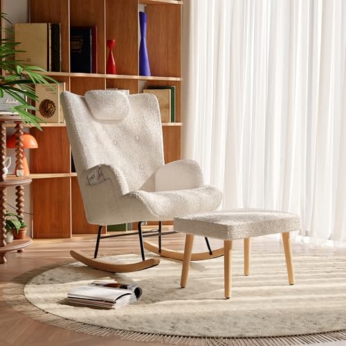 jeerbly Schaukelstuhl mit Hocker, Teddystoff Schwingsessel mit Kopfstütze, Fußstütze und Tasche, Teddy Sessel Relaxstuhl Zum Stillen für Wohnzimmer Schlafzimmer Balkon, Beige