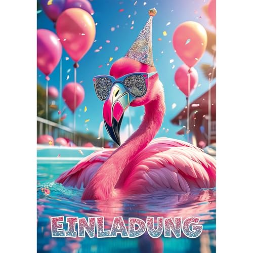 Moosthaler GLITZER Flamingo Einladungskarten Kindergeburtstag Mädchen (12 Stück) - Lässige Poolparty Einladung mit echtem Glitzerlack - Flamingo Pool Geburtstag Einladungen - Einladung Poolparty