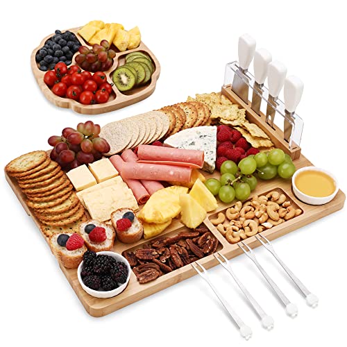 hecef Bambus Käsebrett & Serviertablett, Lager Käseplatte Set von 13-4 Käsemesser Set, 2 Keramikschalen, 4 Server Gabeln, Charcuterie Board Set Geschenke für Jahrestag Hochzeit Geburtstag