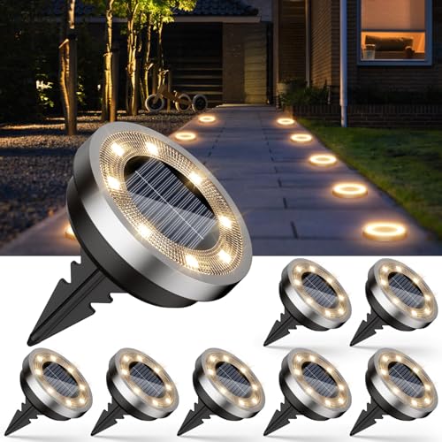 Solar Bodenleuchten Aussen Garten - 8 Stück, 8 LEDs Solar Gartenbeleuchtung, IP65 Wasserdicht Led Gartenleuchten Warmweiß, Solarlampen für Garten/Gehweg/Rasen/Auffahrt/Patio