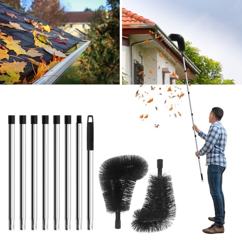 Dachrinnenreiniger, 320cm Dachrinnen-Reinigungsbürsten-Werkzeug, Ausgestattet mit 8 Einziehbaren Rinnenreinigern für die Reinigung von Dächern/Blättern/Schmutz/Fenstern/Rinnen/Kronleuchtern (Schwarz)