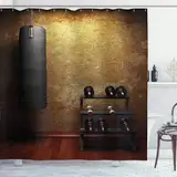 ABAKUHAUS Fitness Duschvorhang, Gymnastikraum und Dumbbells, Stoffliches Gewebe Badezimmerdekorationsset mit Haken, 175 x 220 cm, Schwarz Redwood Pale Brown