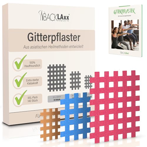 BACKLAXX ® Gittertape 140 Stück Premium-Qualität – Gitterpflaster Set in 3 Größen Typ a b c – GRATIS umfangreiches eBook mit 60 Anwendungsbeispielen – Akupunkturpflaster Cross Tape Gitterpflaster