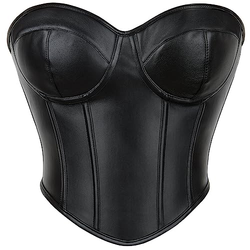 SHYMMUO Damen Korsett Tops Sexy Bustier Crop Top Sommer Ausgehen Trägerlos Taille Gürtel BH, Schwarz Leder, X-Small