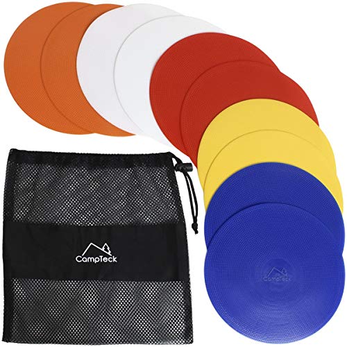 CampTeck U6934 - Runde Flache Markierungshütchen biegsam Sport Markierungsteller - (10er Pack) mit schwarzer Netztasche - Hütchenfarben: Orange, Blau, Rot, Weiß, Gelb