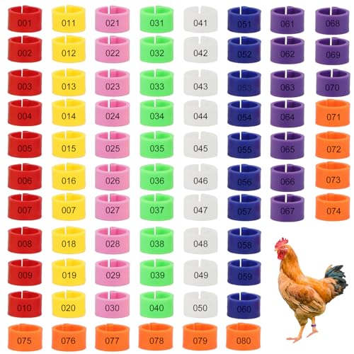 Hähnchenschenkelbänder Geflügelschenkelringe, Geflügel Band, 80 Stück Hühnerringe, Taubenringe, Identifikation Beinbänder, zur Markierung von Kleinen Geflügelfüßen, 8 Farben, mit Zahl, 16mm