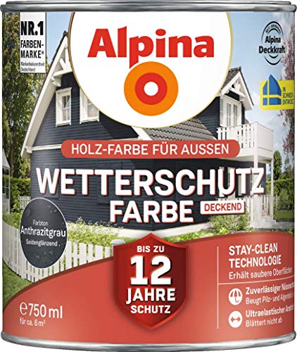 Alpina Holz-Wetterschutz-Farben – Anthrazitgrau, deckend – bis zu 12 Jahre Schutz vor Witterung und Nässe – schmutzabweisend, deckend & ergiebig – 750 ml