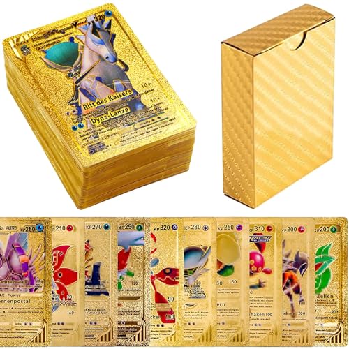 55 Stück Gold Karten for Pokemon, Vstar Vmax Goldfolienkarten mit Deck Box, Vergoldete Karte Einschließlich Verschiedener Seltener Folienkarten(7Vstar+29Vmax+16V+2GX+1PHASE), V Sortierte Karten…