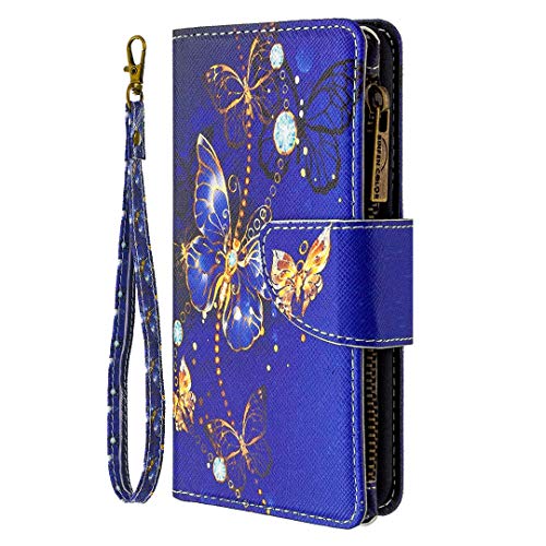 Nadoli Reißverschluss Brieftasche Etui für Xiaomi POCO F3,Bunt 9 Karte Halter Pu Leder Blau Schmetterling Entwurf Lanyard Magnetisch Standfunktion Schutzhülle