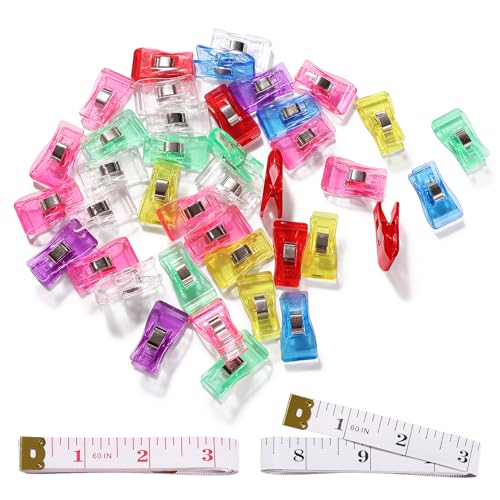 VooGenzek 40 Stücke 3.3x1.8x1.1 cm Nähklammern, Kunststoff Stoffklammern,Stoffklammern Zum Nähen, Näh Clips, mit 2 Stück 150cm Maßband, für Stoff, Nähen, Binden, Basteln,Binden