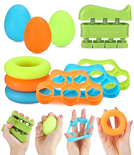 Jissta 10-Pack Handtrainer Fingertrainer,Eiförmige Griffbälle,Fingerwiderstandsbänder, Finger Training Band,Verstellbarer Finger Trainingsgerät Fingerstretcher Trainingsring Kraft Steigern