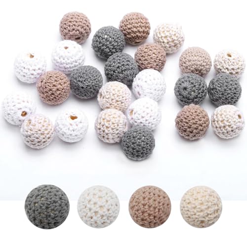 Gehäkelt Holzperlen,24 Stück Häkelperlen Gehäkelt Holzperlen mit Loch Runde Gehäkelte Perlen Auffädeln Handgefertigt Holzkugeln Häkelperle für DIY Schmuck Dekorationen Halskette Armband(grey-20mm)