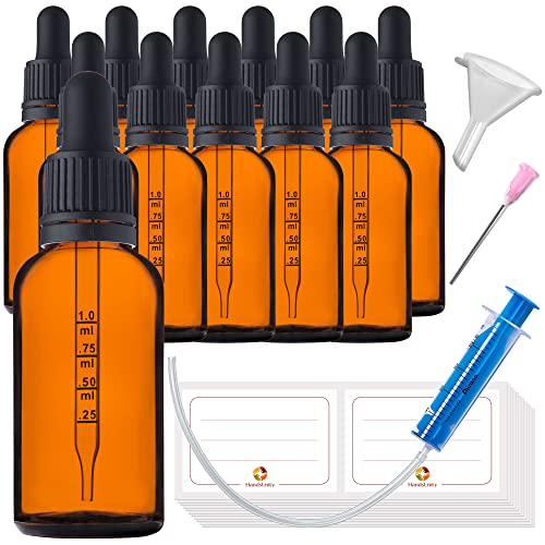 HandsUnity Pipettenflasche kleine Glasflasche 30ml-12Stk - Apothekerglas set aus Bernsteinglas mit schwarzer Pipettenkappe Inklusive 29 Stk Hilfszubehör Braunglasflaschen