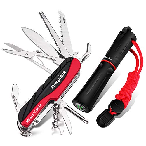 Morpilot Schweizer Messer, 15 in 1 Multi Tools aus Edelstahl, Schweizer Taschenmesser, 4 in 1 Feuerstein, mit Schraubendreher, Pfeife, Säge und Compassrstein