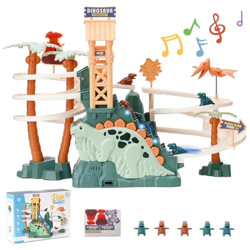 Maycoly Dinosaurier Kletterrutsche Spielzeug Rennbahn Doppelschleifenbahn Rutsche mit Musik Dinosaurier Klettern Treppe Spielzeug für Kinder Intelligenz pädagogische Puzzle Playsets ab 3 Jahre, Grün