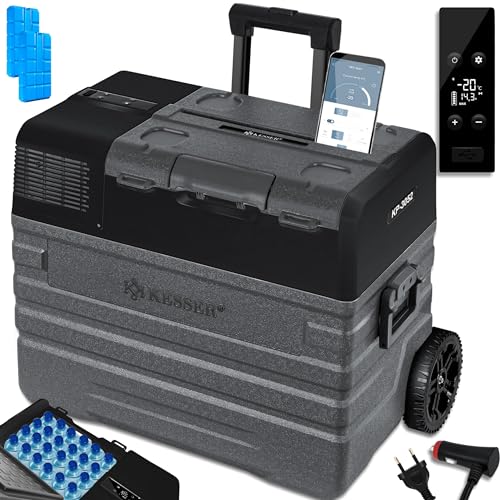 KESSER® Kompressor Kühlbox elektrisch Gefrierbox, 52 Liter Mit APP-Steuerung USB-Anschluss 12/24 V 230V, +Teleskopstange, 2x Kühlbox Räder Kühlschrank Kühlung bis -20 °C für Auto, Lkw, Boot + Kühlakku